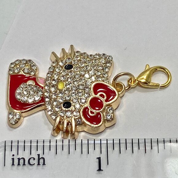 Hello Kitty Crystal Bling Charm Clip On Zipper Pull Bag Purse Red Bow Enamel - Picture 9 of 9